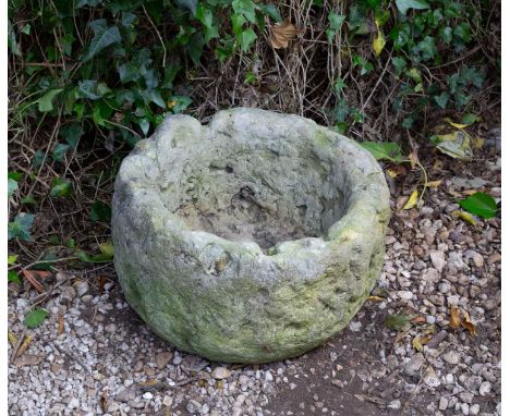 An ancient Yorkshire roughly hewn fossil stone mortar with a later hole drilled for use as a planter, pre-medieval, 43cm diam