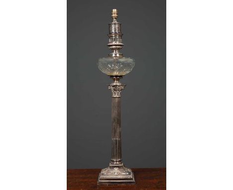 A Victorian silver plated oil lamp base of classical Corinthian column form with cut glass reservoir, later converted for use