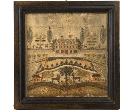 An 18th century woolwork sampler of a house in a landscaped garden, glazed and in black painted frame, 30cm x 30cm, framed 38