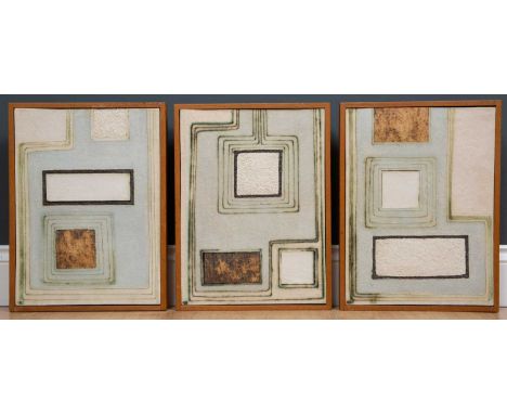 A set of three art pottery ceramic tile pictures, with abstract incised and relief square designs, signed, inscribed and date