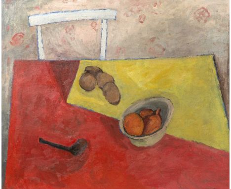 Henry Cliffe (1919-1983) still life of vegetables and pipe on a table, oil on canvas, unsigned but with Henry Cliffe Studio s