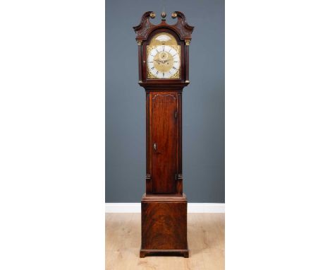 A George III mahogany longcase clock by James Cowan of Edinburgh, the swan neck pediment with blind fretwork decoration, flut