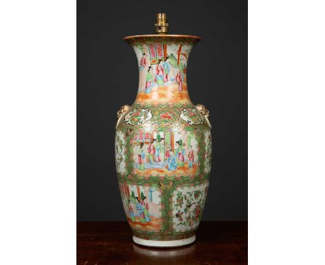 A decorative table lamp constructed from a Chinese canton famille verte vase of baluster form, decorated with figures, the ta