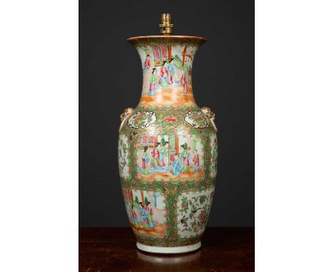 A decorative table lamp constructed from a Chinese canton famille verte vase of baluster form, decorated with figures, the ta