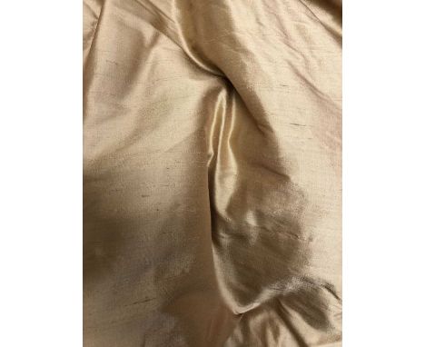 Two pairs of interlined dark caramel coloured silk curtains with pleated gathers, the larger pair gathered top 150cm x 339cm 