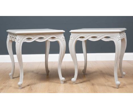 A pair of contemporary light grey painted side tables with pierced friezes and reeded cabriole legs, each 50.5cm wide x 56cm 