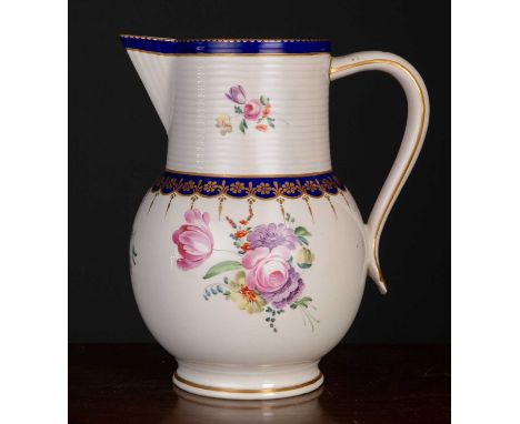 A late 18th century Royal Crown Derby ale jug, with blue and gilt decoration and central floral sprigs on a white ground, sta