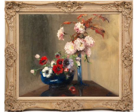 Still life of flowers in a ceramic bowl and glass vase, initialled E M, oil on canvas, in a gilt wood frame, 75cm x 62.5cm, f