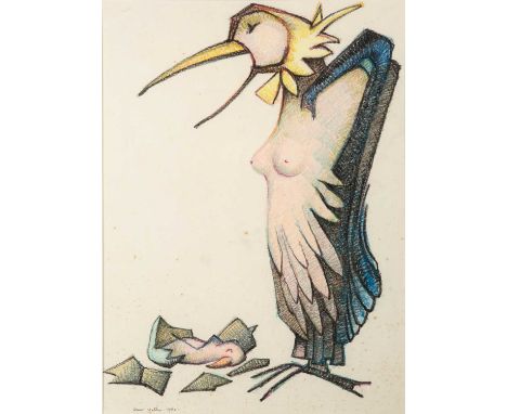 Oscar Mellor (1921-2005), abstract bird/woman and hatching chick, 1962, signed and dated to lower left, oil pastel on paper, 