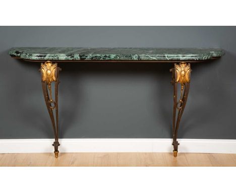 A modern black and green marble-topped console table, the wrought iron base with gilt spheres and shield-shaped crests to the