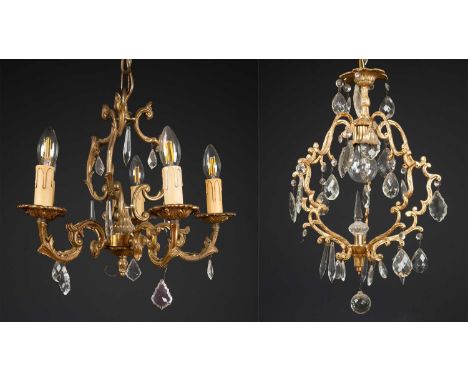A glass hanging four light electrolier with hanging drops, approximately 43cm high together with two further gilt electrolier