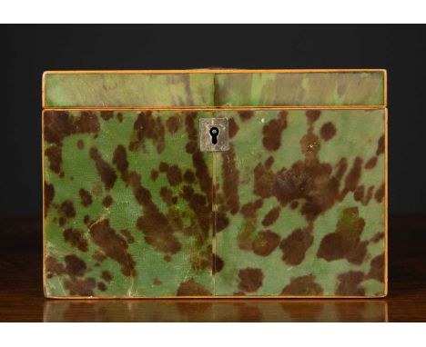 A George III green stained tortoise shell tea caddy of plain form with silver plated ring handle to the lid and silver plated