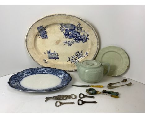 Meat Plates, Spode Flemish Green Teapot and Corkscrews etc 