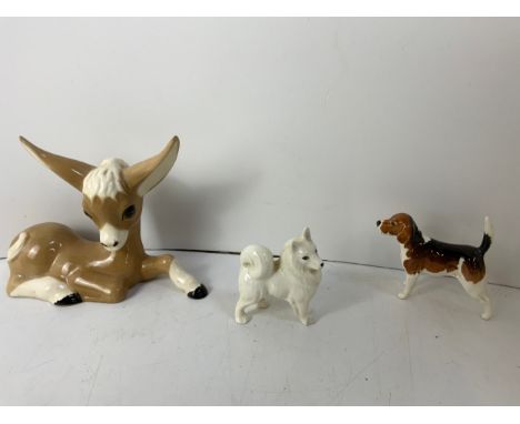 Beswick CH Wendover Billy Hound Dog, Studio Pottery Fawn and Midwinter Husky 