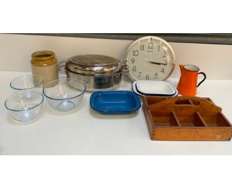Enamel Dishes and Jug, Pyrex Bowls, Wooden Storage and Kitchen Clock etc 