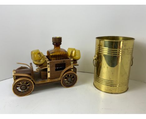 Vintage Car Decanter and Glasses and Brass Waste Bin 
