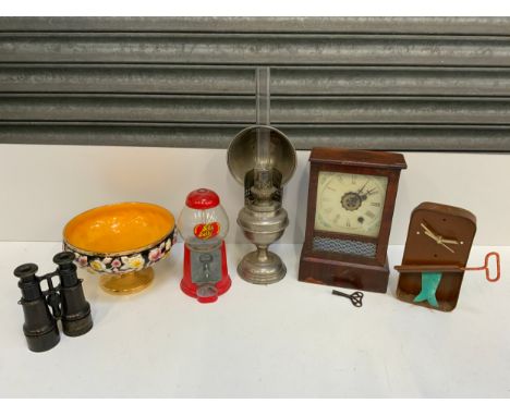 Oil Lamp, Clocks, Binoculars and Jelly Bean Holder etc 