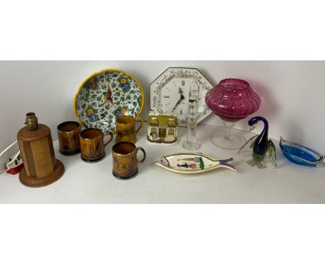 Arthur Wood Pottery Tankards, Quimper Fish Dish and Wooden Table Lamp etc 