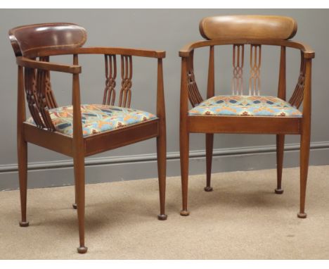 Pair Art Nouveau mahogany inlaid tub armchairs, pierced splat, upholstered in Art Nouveau 'Lanthe' fabric designed by R. Beau