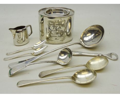 Christofle silver-plated soup ladle engraved with monogram, 20th century Liberty silver-plated tea caddy, Italian bottle open