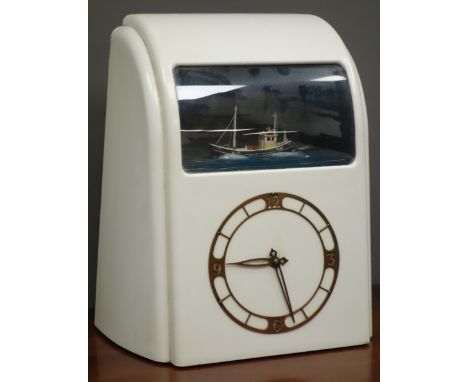 Early 20th century 'Vitascope' Art Deco style clock, with automated ship, in white case, H31cm  Condition Report Click here f