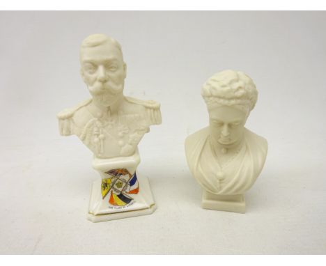 Grafton China bust of George V, base decorated with 'The Flags of Liberty' H12cm and a W.H Goss Queen Victoria 60th Year Memo