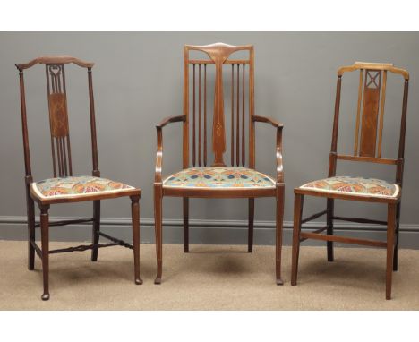 Art Nouveau mahogany armchair, inlaid splat, tapering splayed supports and pair Art nouveau dining chairs, all upholstered in