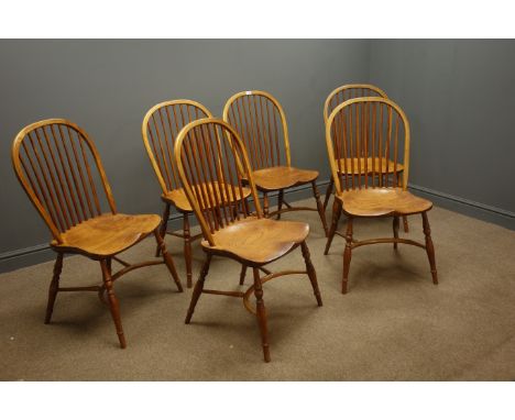 Set six elm stick hoop back chairs with wide saddle seats, turned supports and crinoline stretchers Condition Report Click he