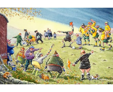 'The Red Card', watercolour signed by John Watkinson, signed and dated 18-12-1997 verso 25cm x 37cm, Whitby, print after Fran