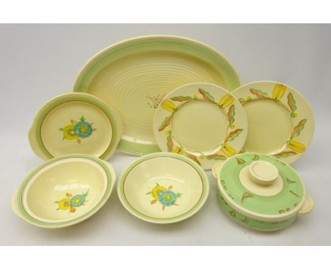 Clarice Cliff dinnerware, seven pieces in various patterns comprising Wilkinson tureen and cover gilded with sailing boats on