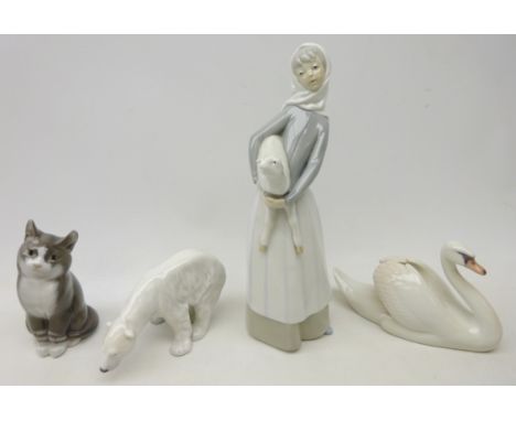 Three Royal Copenhagen models; Swan no. 755, Polar Bear no. 321 and seated Cat no. 1803 and a Lladro figure of a girl with la