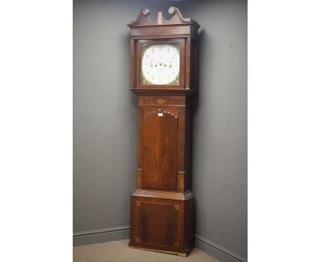 19th century figured mahogany longcase clock, eight day movement striking the hours on bell, square enamel painted dial with 