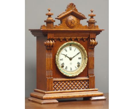 19th century oak architectural cased 'Ansonia Salem' mantel clock, 8-day movement with enamel dial, H38cm Condition Report Cl