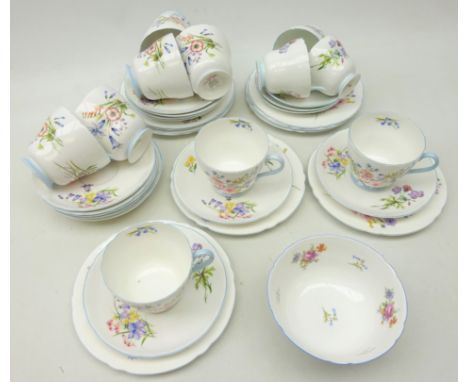 Eight Shelley 'Wild Flowers' pattern trios, three coffee cups and saucers, sugar bowl etc, No. 13668 (38) Condition Report Cl