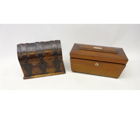 Victorian Gothic style walnut stationery box with metal strapwork mounts and part fitted interior H19cm and a mahogany sarcop