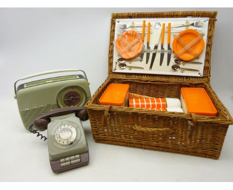 Vintage Bush radio, Vintage dial-up telephone and a wicker picnic hamper with contents, L52cm (3) Condition Report Click here