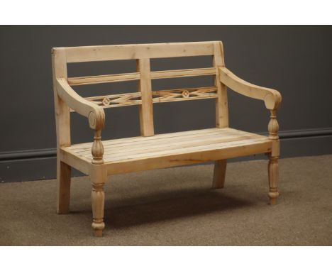 Child's bench, carved and pierced back supports, reeded arm rests, turned and fluted supports, H54cm, W66cm, D35cm Condition 
