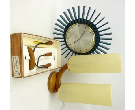 Two branch teak table lamp with reeded shades and copper fittings, H40cm, 1960's/ 70's Westclox Starburst wall clock and Dani