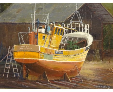 'Repairs- Whitby Shipyard, oil on board signed and dated '74 by Neville R Grey (British 20th century), titled verso 41.5cm x 