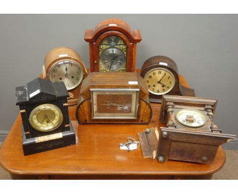 Victorian black slate and marble mantel clock, Art Deco period walnut and birds eye maple cased mantel clock, two early 20th 