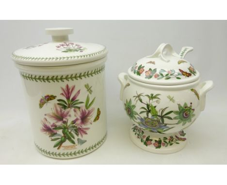 Large Portmeirion 'Botanic Garden' cylindrical bread bin and cover, H37cm and footed soup tureen and cover, with ladle (2) Co