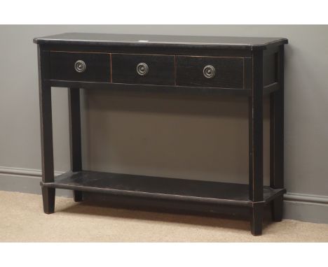 Laura Ashley Henshaw black console table, three drawers, square supports joined by an undertier, W110cm, H81cm, D35cm Conditi