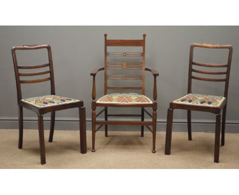 Early 20th century inlaid mahogany armchair, turned supports and pair early 20th century dining chairs, shaped cresting rails