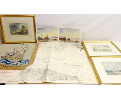 Beached Boats, two watercolours signed by David Short, three colour prints after J.M.W Turner, 'The Song of the Surf, coolour