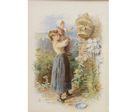 Girl Holding a Child, colour print after Myles Birket Foster (British 1825-1899) 12.5cm x 9.5cm Condition Report Click here f