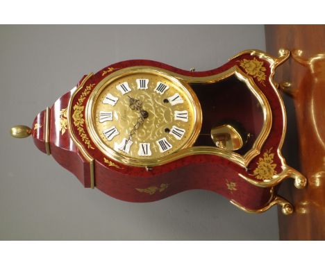 'Eluxa' French style mantel clock, cartouche shaped red lacquered and gilt decorated case, twin train movement striking the h