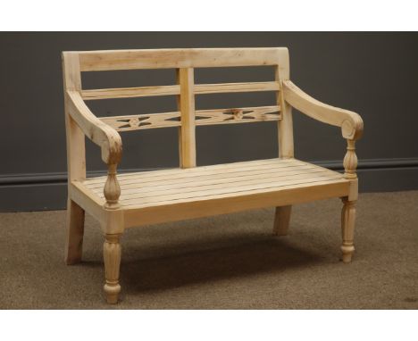 Child's bench, carved and pierced back supports, reeded arm rests, turned and fluted supports, H54cm, W66cm, D35cm Condition 