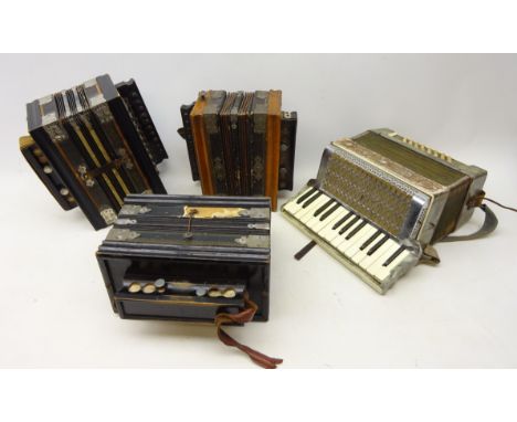 Rauner small fifteen-key piano accordion and three other early 20th century accordions/melodeon, all uncased (4) Condition Re