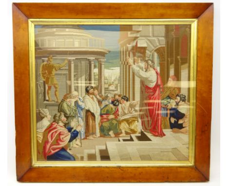 Late 19th century tapestry depicting St Paul Preaching at Athens, in walnut and parcel gilt glazed frame, 83cm x 75cm  Condit