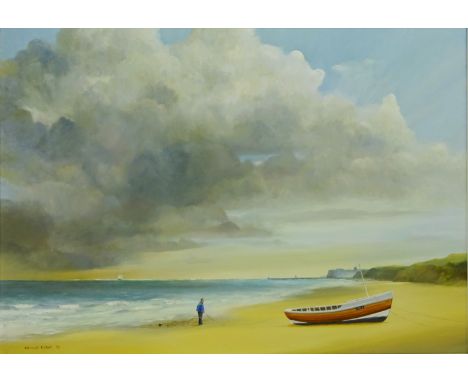 'Whitby from Sandsend Beach', oil on canvas signed and dated '75 by Neville R Grey (British 20th century), 50cm x 70cm Condit